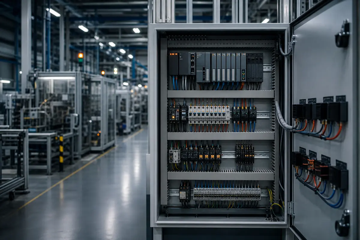 Painel de automação industrial organizado em uma linha de produção