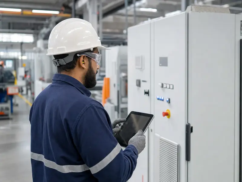 Profissional realizando inspeção técnica em painel de controle industrial